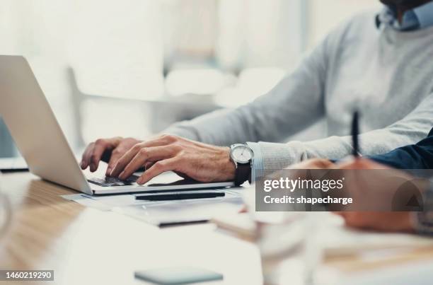meeting, hands typing or business people on laptop for data analysis strategy, web seo growth or research. teamwork, analytics or search on tech planning social network or creative idea in office - zoom effect stock pictures, royalty-free photos & images