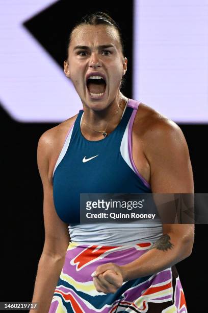 Aryna Sabalenka celebrates after winning a point in the Women’s Singles Final match against Elena Rybakina of Kazakhstan during day 13 of the 2023...
