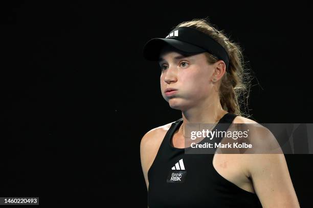 Elena Rybakina of Kazakhstan reacts in the Women’s Singles Final match against Aryna Sabalenka during day 13 of the 2023 Australian Open at Melbourne...