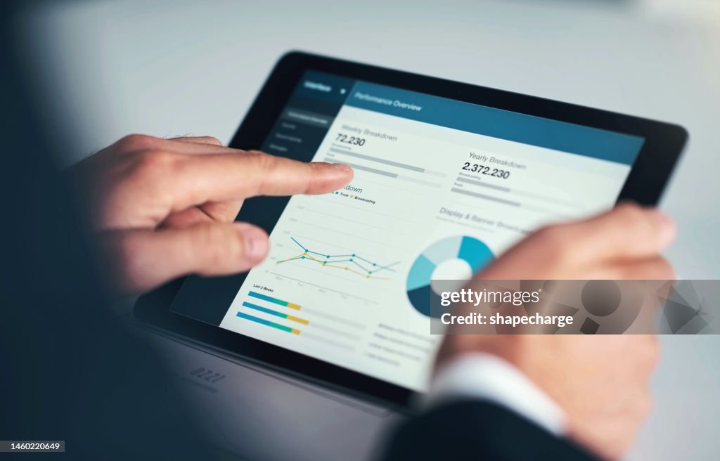 Investment-, Unternehmens- oder Geschäftsmann mit Tablet für Investitionsstrategie, Finanzwachstum oder Finanzüberprüfung. Hand-, Bildschirm- oder Analysetechnologie für Planung, Datenanalyse oder Wirtschaftswebrecherche