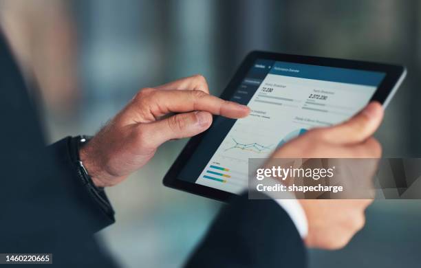 analytics, hands or business man with tablet for investment strategy, finance growth or financial review. digital, search or manager in office for schedule, future data analysis or economy research - screen dashboard analytics stockfoto's en -beelden