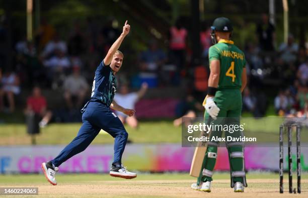 Olly Stone of England celebrates taking the wicket of Aiden Markram of South Africa during the 1st One Day International match between South Africa...