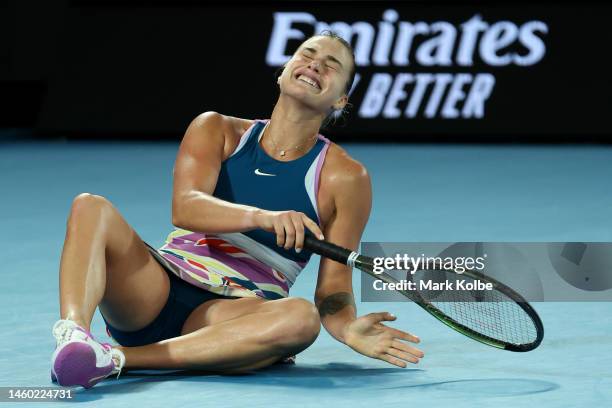 Aryna Sabalenka celebrates winning championship point in the Women’s Singles Final match against Elena Rybakina of Kazakhstan during day 13 of the...