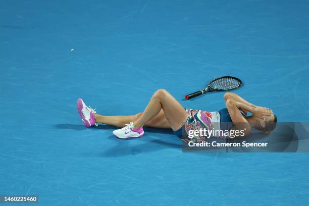 Aryna Sabalenka celebrates winning championship point in the Women’s Singles Final match against Elena Rybakina of Kazakhstan during day 13 of the...