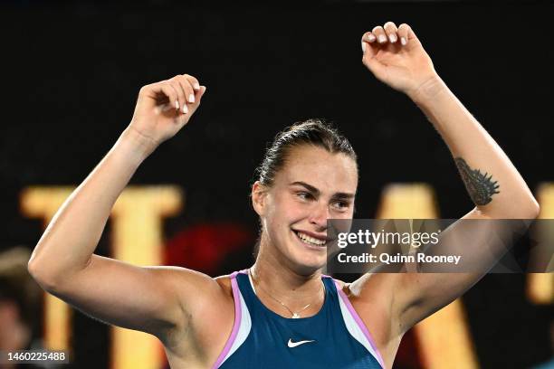 Aryna Sabalenka celebrates winning championship point in the Women’s Singles Final match against Elena Rybakina of Kazakhstan during day 13 of the...