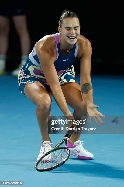 Aryna Sabalenka celebrates winning championship point in the Women’s Singles Final match against Elena Rybakina of Kazakhstan during day 13 of the...