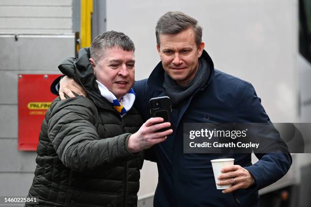 Jesse Marsch, Manager of Leeds United, poses for a photo with a fan prior to the Emirates FA Cup Fourth Round match between Accrington Stanley and...