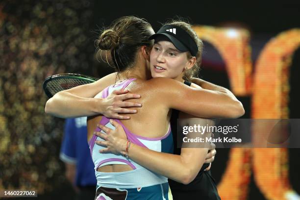 Aryna Sabalenka and Elena Rybakina of Kazakhstan embrace after the Women’s Singles Final match during day 13 of the 2023 Australian Open at Melbourne...