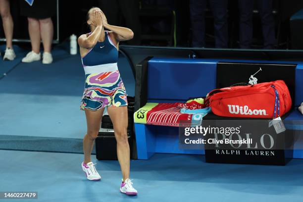 Aryna Sabalenka celebrates winning championship point in the Women’s Singles Final match against Elena Rybakina of Kazakhstan during day 13 of the...