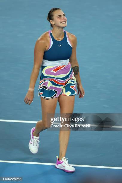 Aryna Sabalenka celebrates winning championship point in the Women’s Singles Final match against Elena Rybakina of Kazakhstan during day 13 of the...