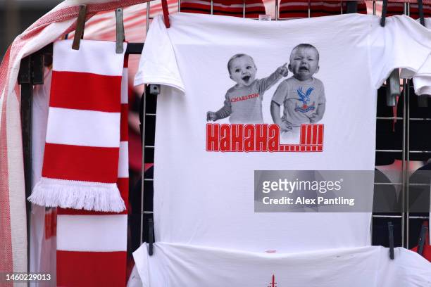 Tee shirt referencing Charlton rivals Crystal Palace is sold outside the stadium prior to the Sky Bet League One between Charlton Athletic and Bolton...