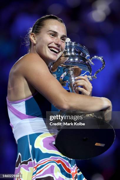 Aryna Sabalenka poses with the Daphne Akhurst Memorial Cup after winning the Women’s Singles Final match against Elena Rybakina of Kazakhstan during...