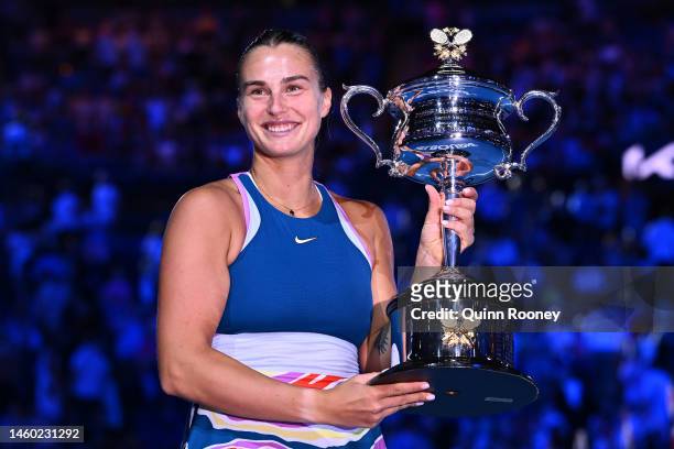 Aryna Sabalenka poses with the Daphne Akhurst Memorial Cup after winning the Women’s Singles Final match against Elena Rybakina of Kazakhstan during...