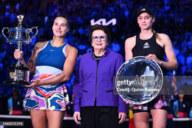 Aryna Sabalenka, Billie Jean King and Elena Rybakina of Kazakhstan pose after the Women’s Singles Final match during day 13 of the 2023 Australian...