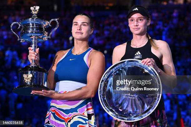 Aryna Sabalenka poses with the Daphne Akhurst Memorial Cup and Elena Rybakina of Kazakhstan poses with a trophy after the Women’s Singles Final match...