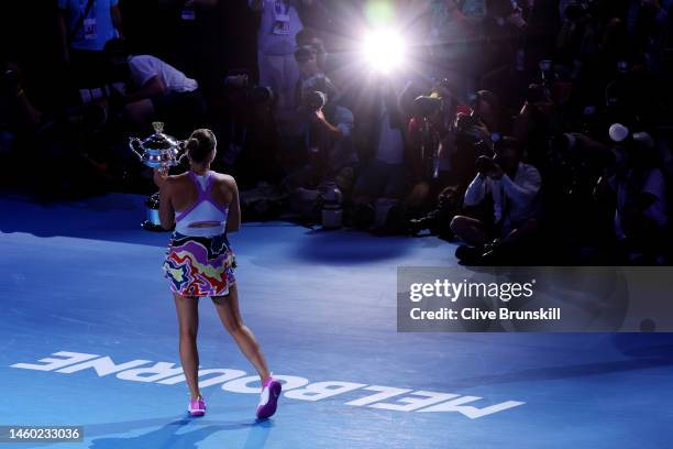 Aryna Sabalenka poses with the Daphne Akhurst Memorial Cup after winning the Women’s Singles Final match against Elena Rybakina of Kazakhstan during...