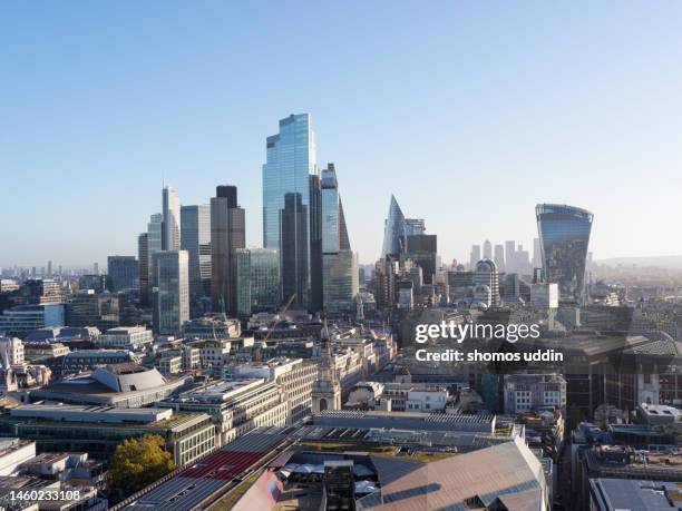 aerial cityscape of london city skyline at sunset - city of london stock pictures, royalty-free photos & images