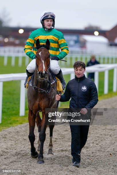 Jonjo O'Neill Jr riding Comfort Zone return after winning The JCB Triumph Trial Juvenile Hurdle at Cheltenham Racecourse on January 28, 2023 in...