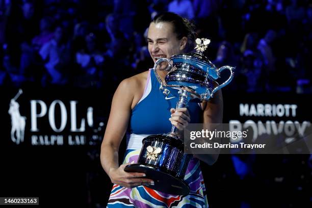 Aryna Sabalenka poses with the Daphne Akhurst Memorial Cup after winning the Women’s Singles Final match against Elena Rybakina of Kazakhstan during...