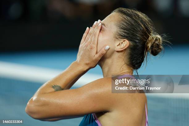 Aryna Sabalenka celebrates winning championship point in the Women’s Singles Final match against Elena Rybakina of Kazakhstan during day 13 of the...