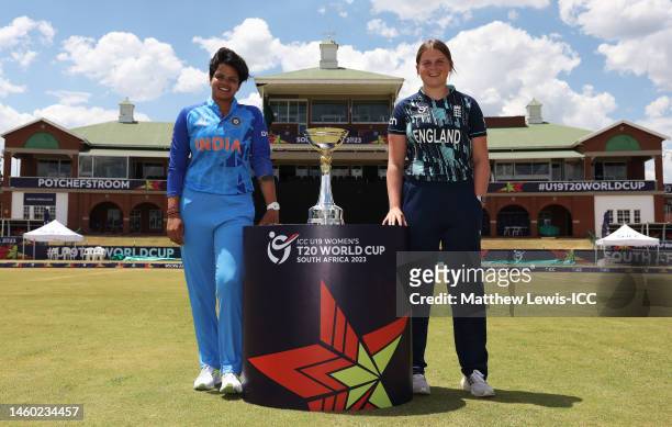 Shafali Verma, Captain of India and Grace Scrivens, Captain of England pictured with the trophy prior to the ICC Women's U19 T20 World Cup 2023 Final...