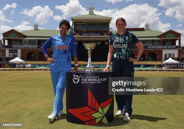 Shafali Verma, Captain of India and Grace Scrivens, Captain of England pictured with the trophy prior to the ICC Women's U19 T20 World Cup 2023 Final...