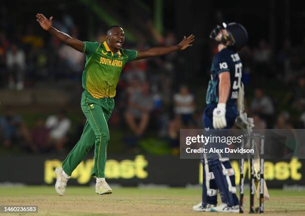 Kagiso Rabada of South Africa celebrates taking the wicket of Sam Curran of England during the 1st One Day International match between South Africa...