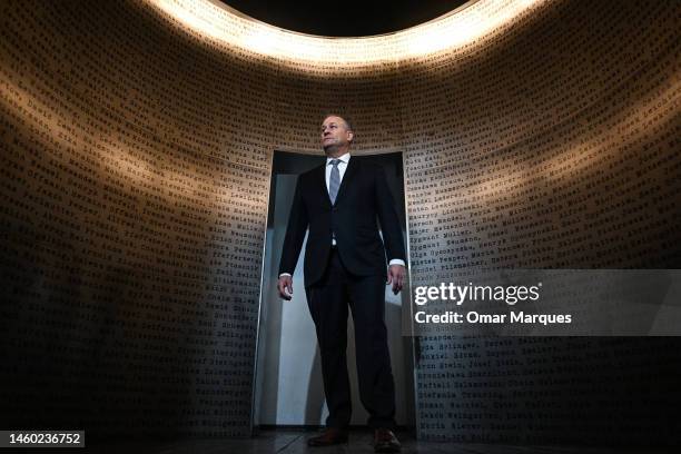 Second Gentleman Douglas Emhoff visits an installation with workers names inside the Schindler factory museum on January 28, 2023 in Krakow, Poland....