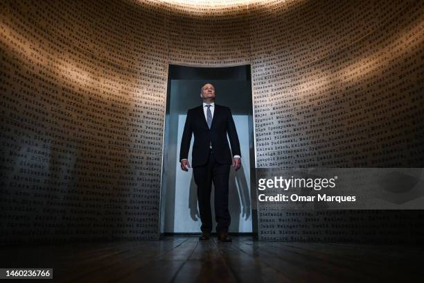 Second Gentleman Douglas Emhoff visits an installation with workers names inside the Schindler factory museum on January 28, 2023 in Krakow, Poland....