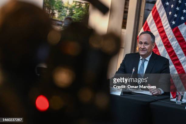 Second Gentleman Douglas Emhoff attends a round table discussion at Galicia Museum on January 28, 2023 in Krakow, Poland. Mr Emhoff, husband of...