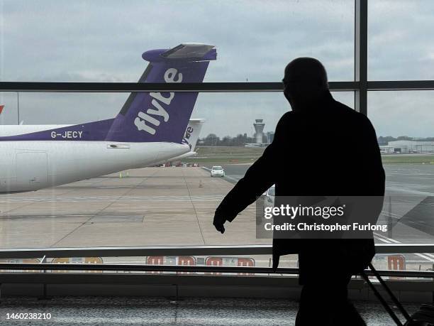 Flybe aircraft sits on the tarmac at Birmingham Airport after the aviation company went into administration on January 28, 2023 in Birmingham,...