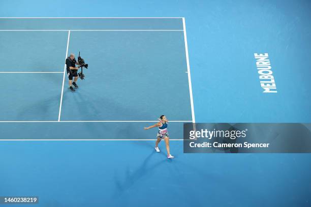 Aryna Sabalenka celebrates winning championship point in the Women’s Singles Final match against Elena Rybakina of Kazakhstan during day 13 of the...