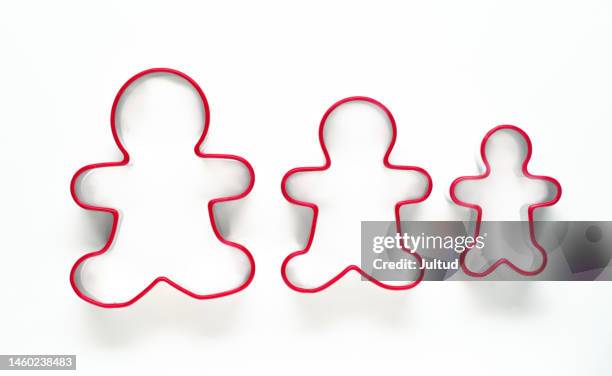 pastry cutters in the shape of a man arranged in a horizontal row - moldes stock pictures, royalty-free photos & images