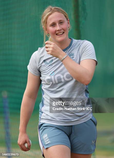 Lizzie Scott of England takes part in a net session prior to the ICC Women's U19 T20 World Cup 2023 Final at JB Marks Oval on January 28, 2023 in...