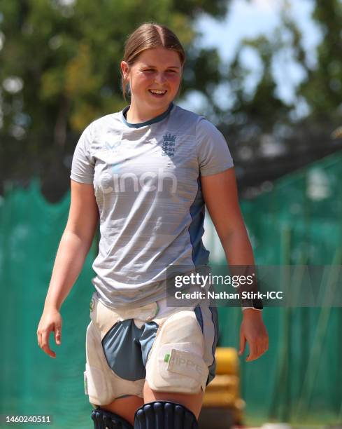 Grace Scrivens of England takes part in a net session prior to the ICC Women's U19 T20 World Cup 2023 Final at JB Marks Oval on January 28, 2023 in...