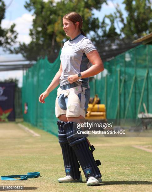 Grace Scrivens of England takes part in a net session prior to the ICC Women's U19 T20 World Cup 2023 Final at JB Marks Oval on January 28, 2023 in...