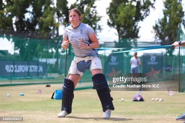 Grace Scrivens of England takes part in a net session prior to the ICC Women's U19 T20 World Cup 2023 Final at JB Marks Oval on January 28, 2023 in...