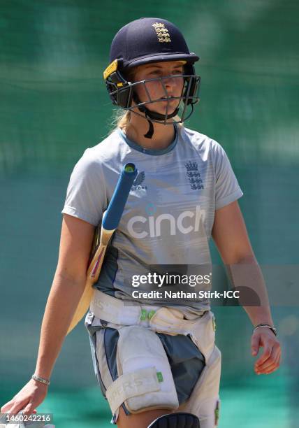 Liberty Heap of England takes part in a net session prior to the ICC Women's U19 T20 World Cup 2023 Final at JB Marks Oval on January 28, 2023 in...