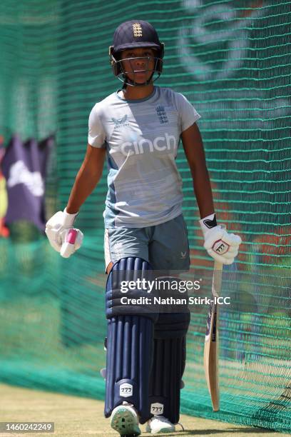 Davina Perrin of England takes part in a net session prior to the ICC Women's U19 T20 World Cup 2023 Final at JB Marks Oval on January 28, 2023 in...