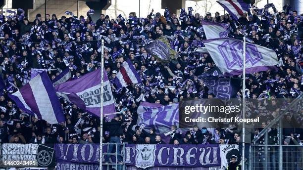 Fans of Osnabrueck react during the 3. Liga match between MSV Duisburg and VfL Osnabrück at Schauinsland-Reisen-Arena on January 28, 2023 in...