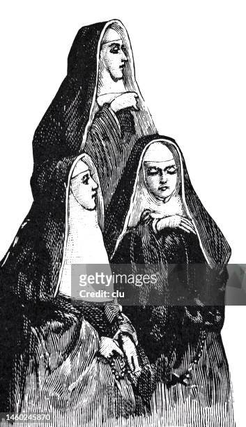 drei junge nonnen porträtiert, weißer hintergrund - nonne stock-grafiken, -clipart, -cartoons und -symbole