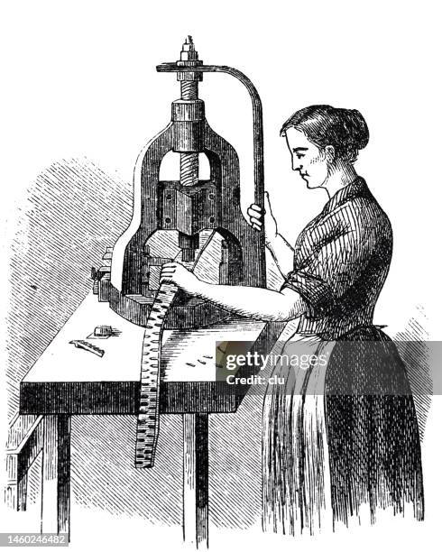 woman working a leather belt with a punching machine - craftsman tool belt stock illustrations