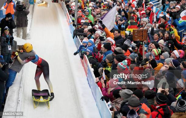 Julia Taubitz of Germany celebrates after winning the silver medal during the Women's Singles Run 2 during day 2 of the FIL Luge World Championships...