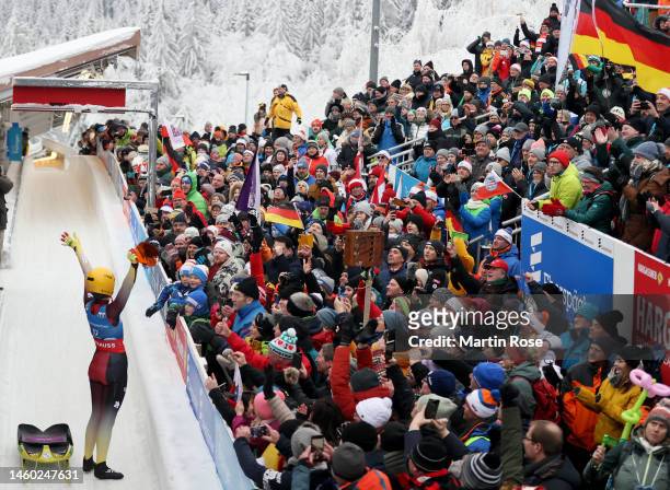 Julia Taubitz of Germany celebrates after winning the silver medal during the Women's Singles Run 2 during day 2 of the FIL Luge World Championships...