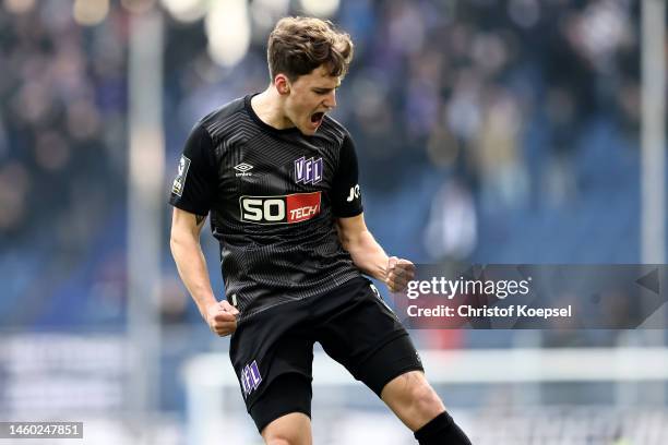 Florian Kleinhansl of Osnabrueck celebrates the first goal during the 3. Liga match between MSV Duisburg and VfL Osnabrück at...