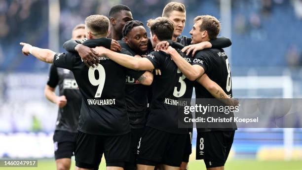Florian Kleinhansl of Osnabrueck celebrates the first goal with his team mastes during the 3. Liga match between MSV Duisburg and VfL Osnabrück at...