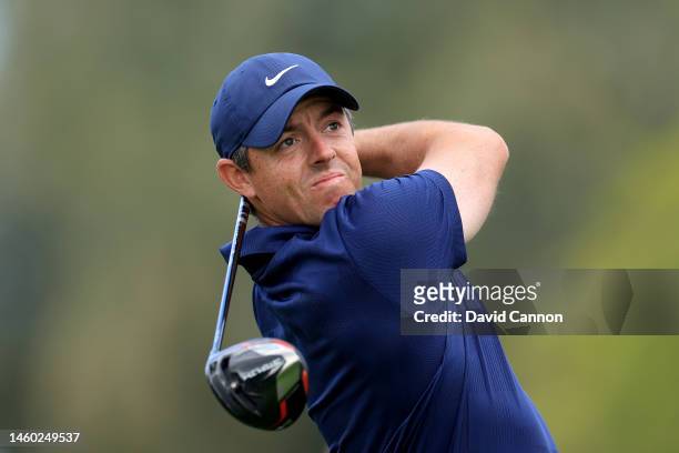 Rory McIlroy of Northern Ireland plays his tee shot on the third hole during the completion of the second round on Day Three of the Hero Dubai Desert...