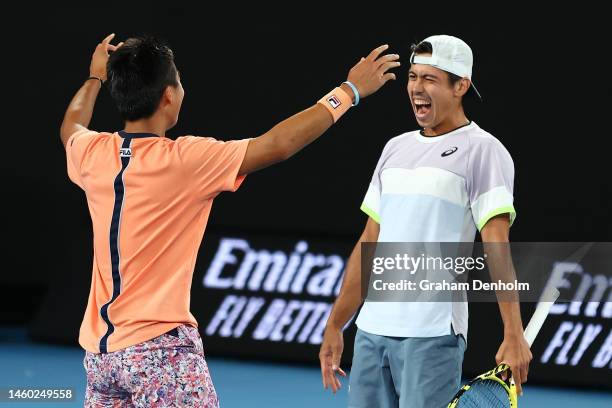 Rinky Hijikata and Jason Kubler of Australia celebrate winning championship point in the Men’s Doubles Final against Hugo Nys of France and Jan...