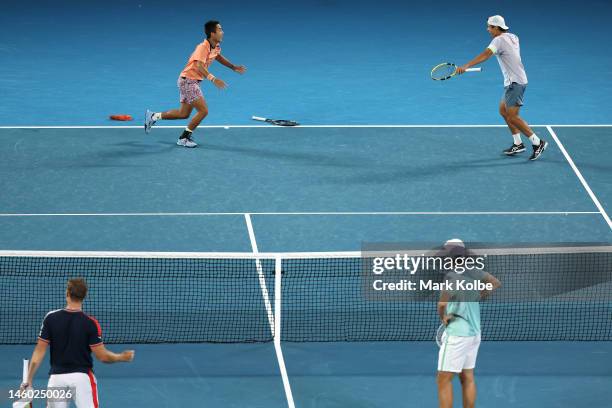 Rinky Hijikata and Jason Kubler of Australia celebrate winning championship point in the Men’s Doubles Final against Hugo Nys of France and Jan...