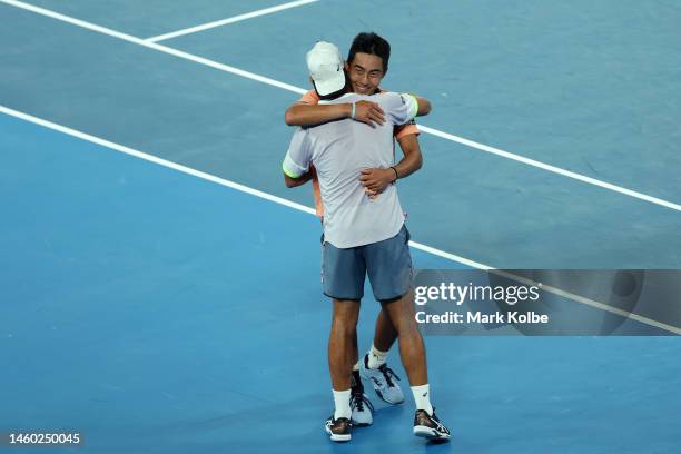 Rinky Hijikata and Jason Kubler of Australia celebrate winning championship point in the Men’s Doubles Final against Hugo Nys of France and Jan...